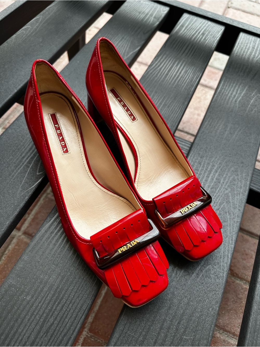 Prada Red Patent leather Fringe Block Heel Pumps - Picture 3 of 16